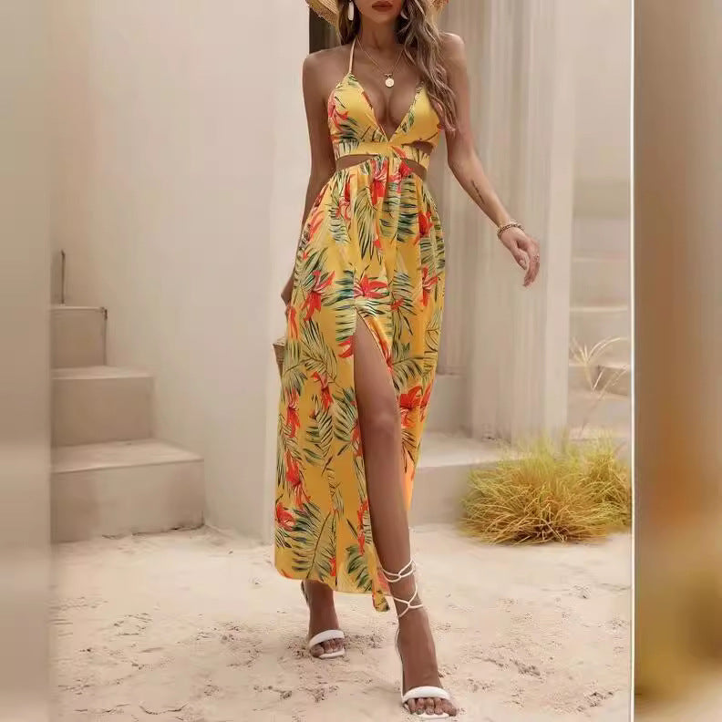 Printed Backless Bow Dew Back Collar Dress