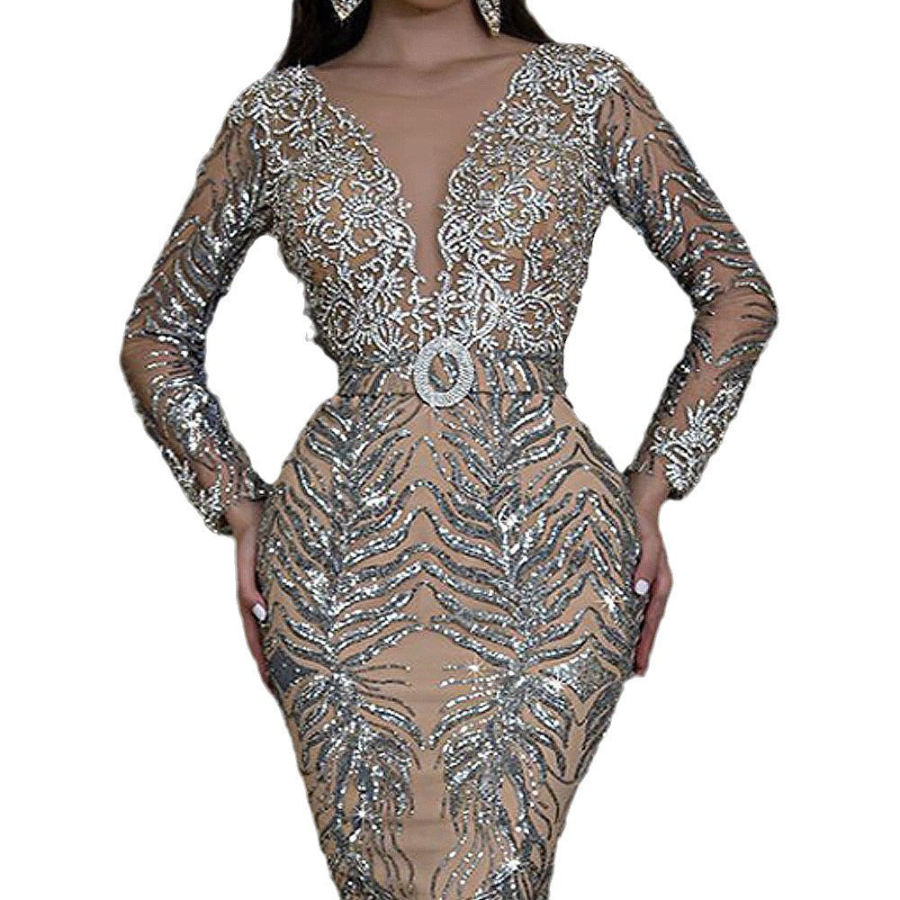Women's Bronzing Long-sleeved Slim Sexy Fishtail Mopping Wedding Dresses
