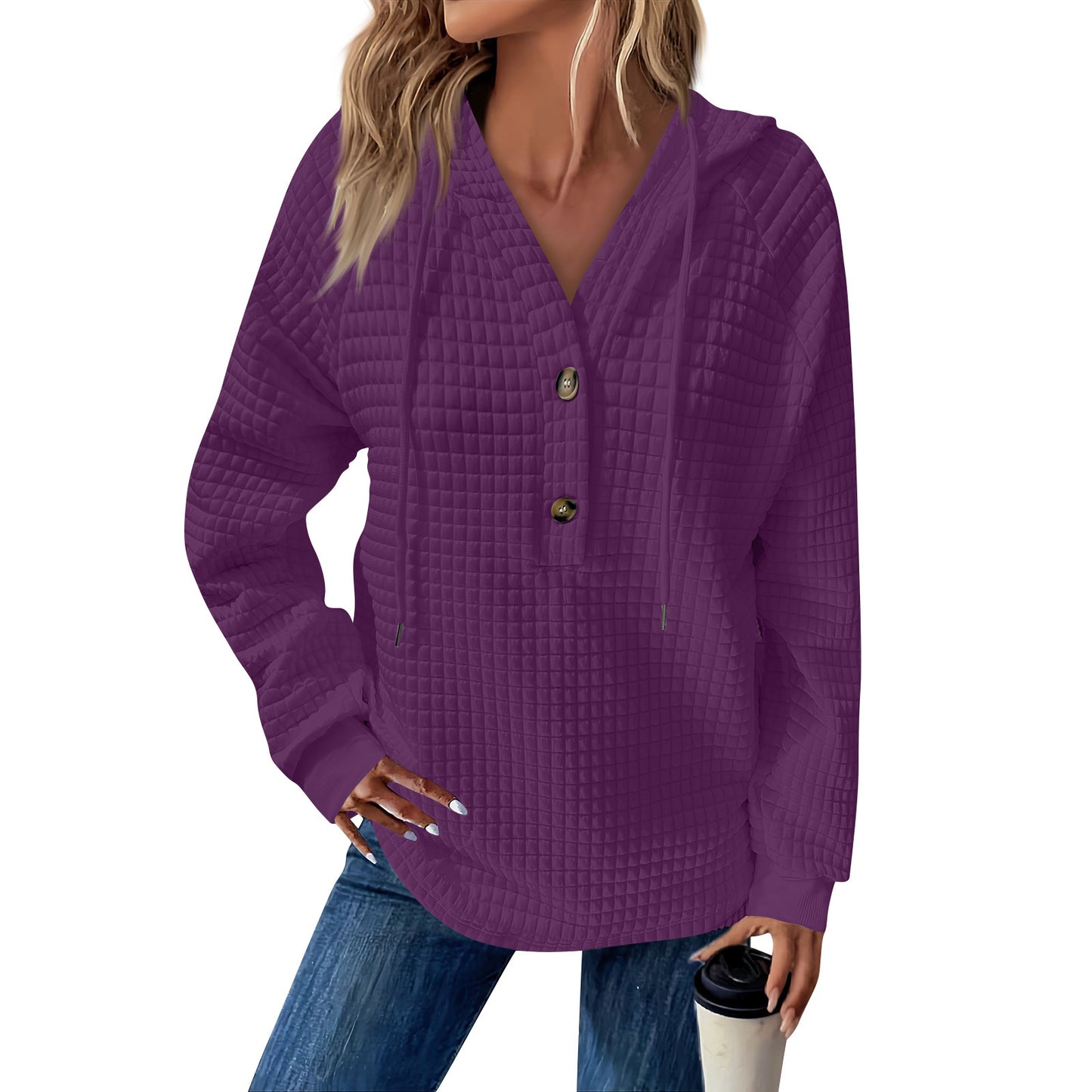 Women's Square Quilted Hooded Button Loose Long Women's Sweater, Sweater