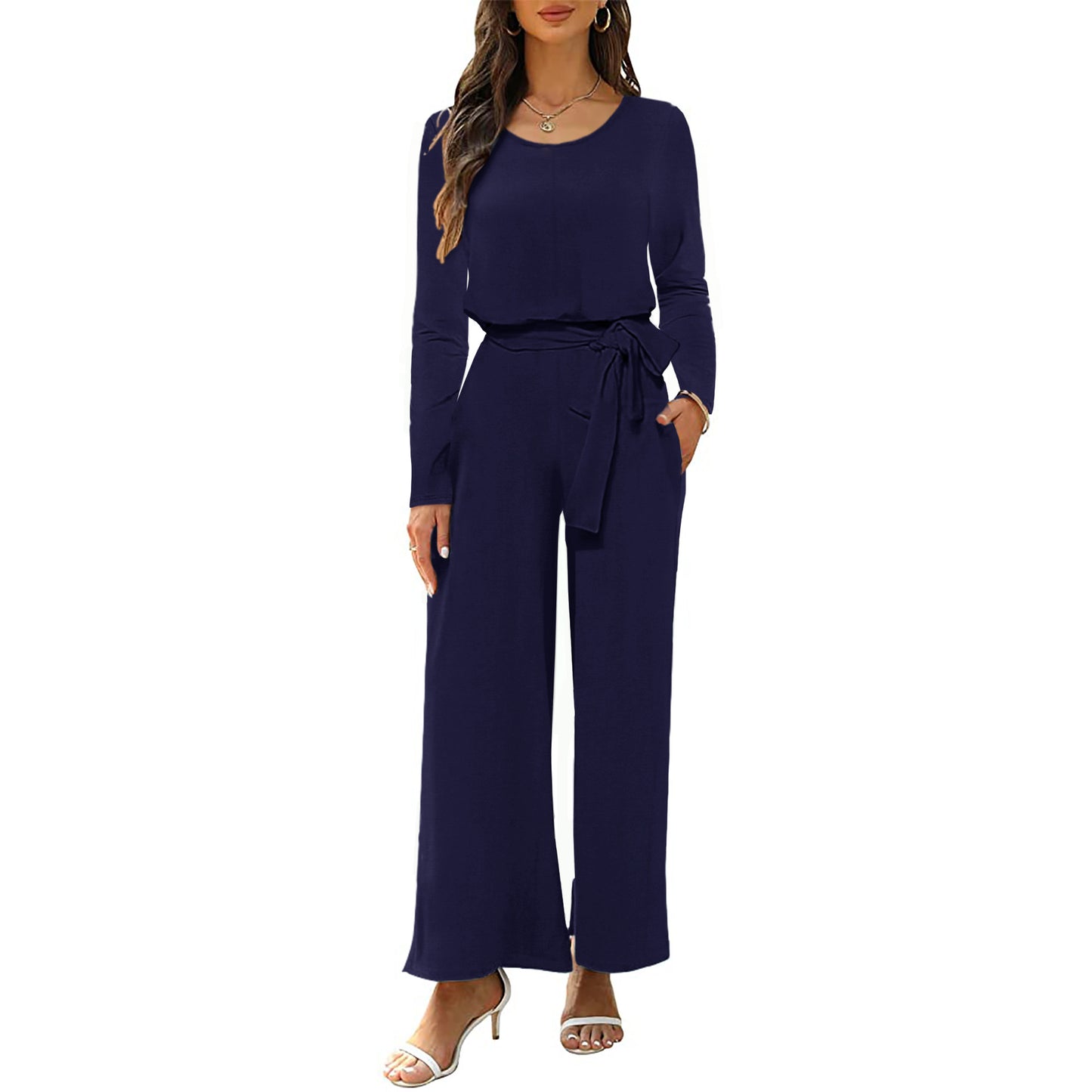Neck Long Sleeve Waist One-piece Belt Jumpsuits