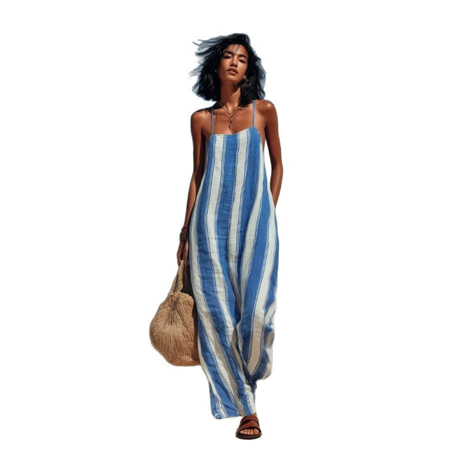 Women's Summer Striped Shoulder Strap Sleeveless Casual Women's Jumpsuit/clothing