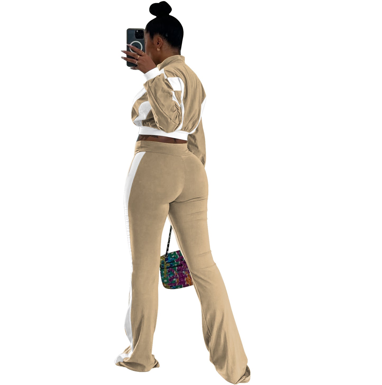 Women's Color Matching Design Slim Fit Bell-bottom Long Suits