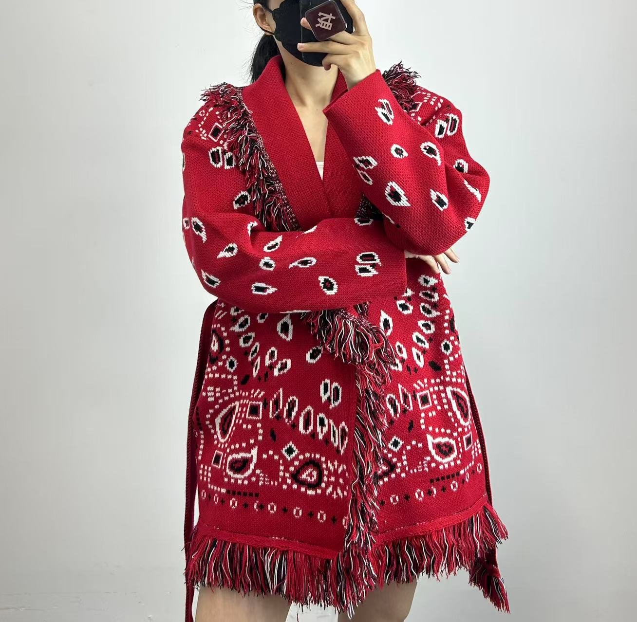 Bohemian Tassel Jacquard Mid-length Loose Lapels Sweaters