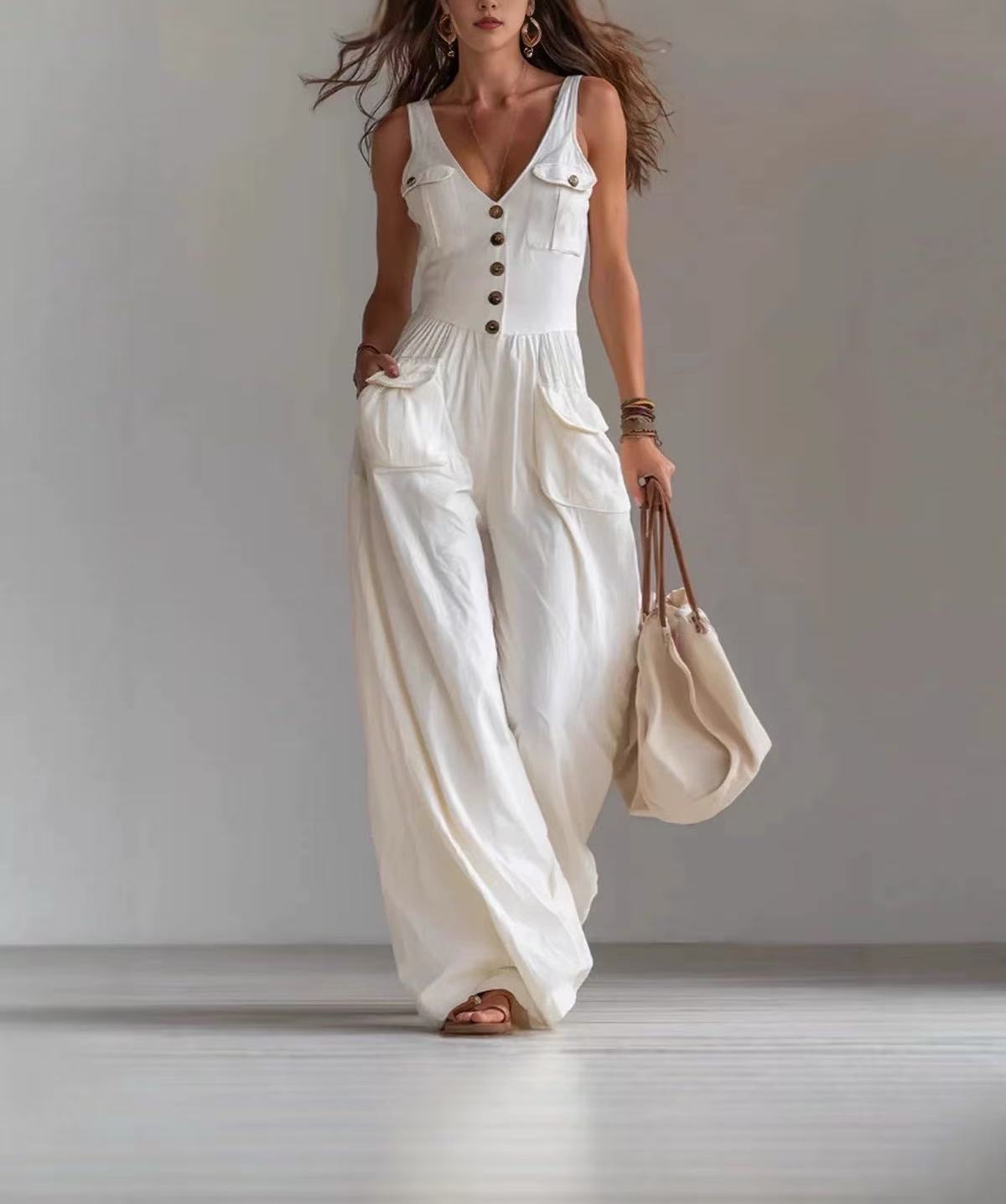 Women's Summer Solid Color Buttons Loose Casual Women's Jumpsuit/clothing