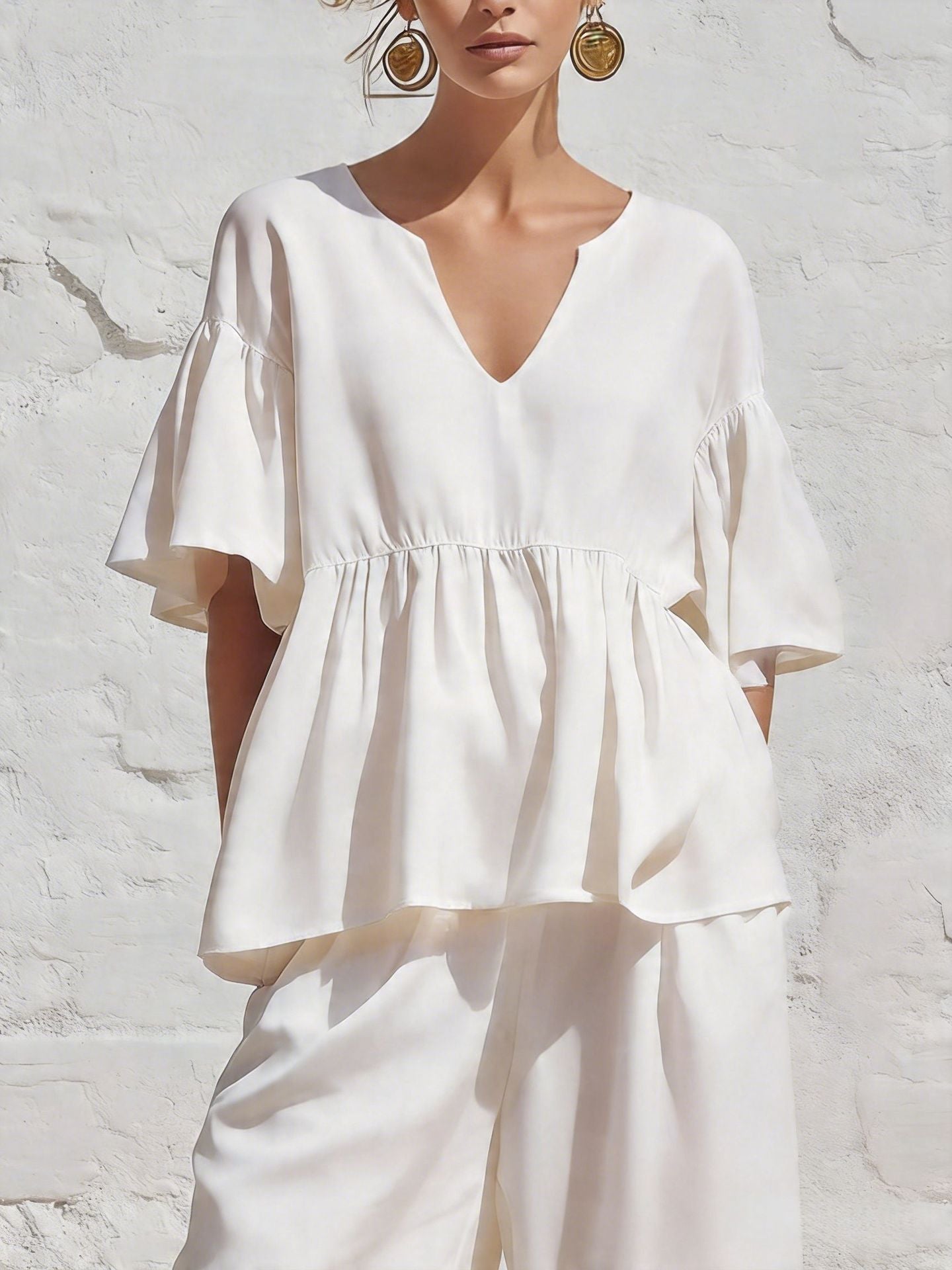 Lazy Ruffled Half Sleeve Cotton Linen Summer Women's T-shirt