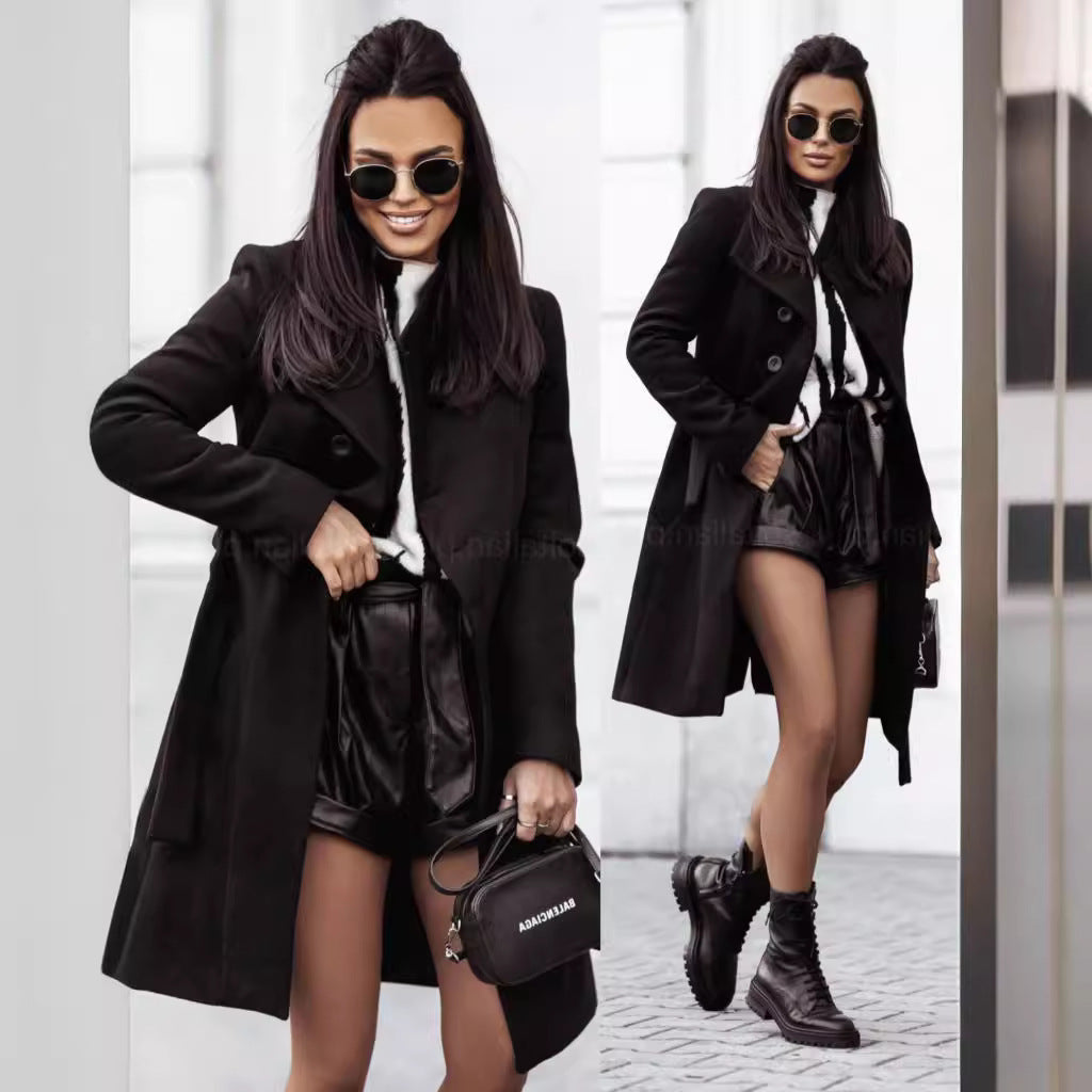 Women's Classic Woolen Solid Color Mid-length Coats