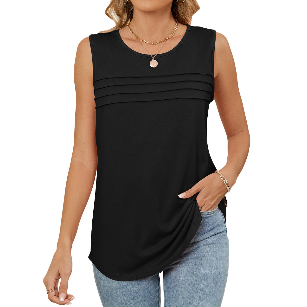 Women's Solid Color Round Neck Loose Sleeveless Women's T-shirt