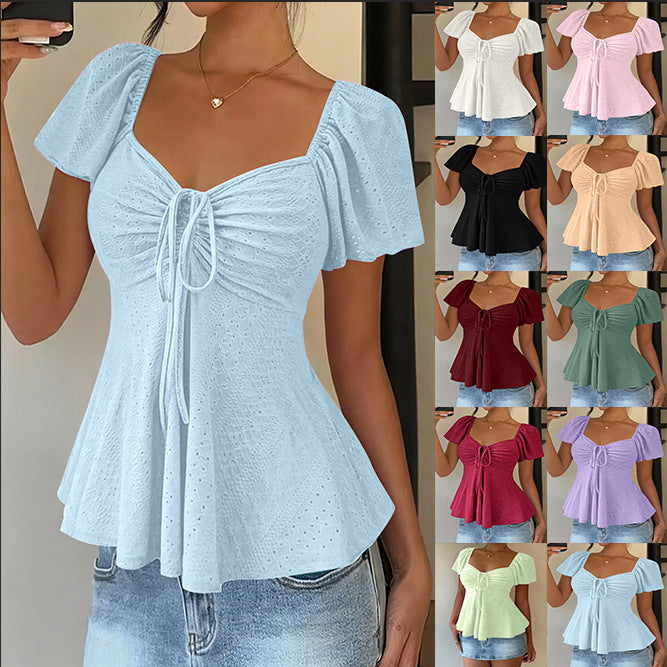 Women's Collar Beam Tie Sexy Sleeve Solid Shorts