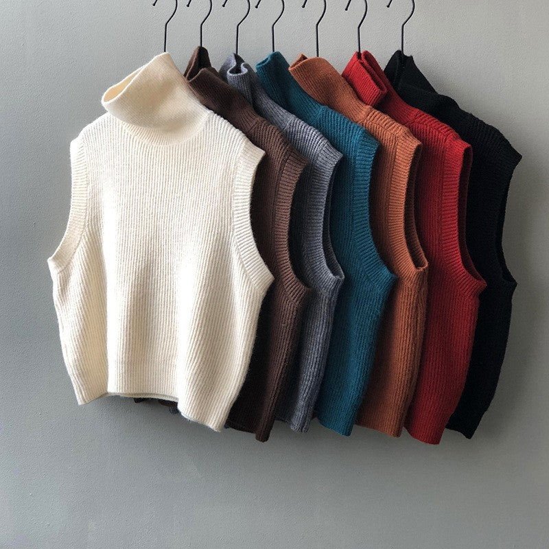 Women's Knitting Waistcoat Turtleneck Solid Color Sleeveless Vests