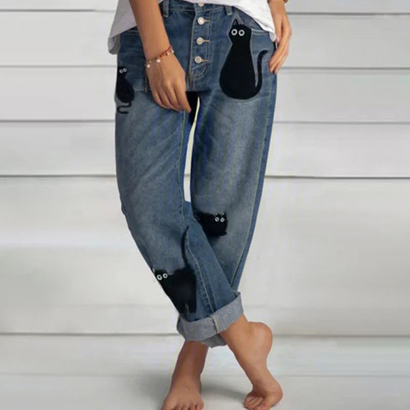 Women's American Retro Printed Cat Straight High Waist Women's Jeans