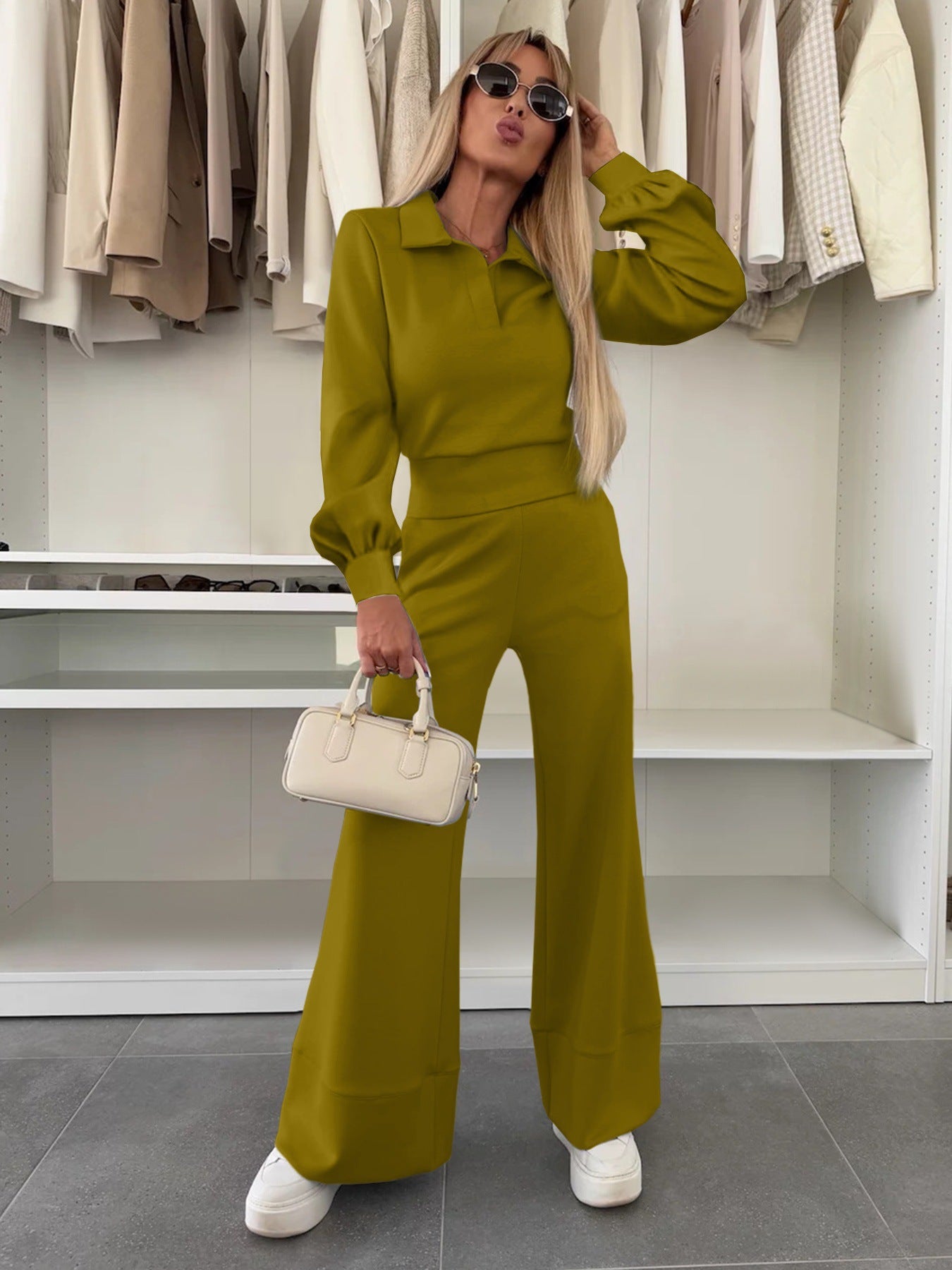 Women's Long Sleeve Elastic Wide Leg Two-piece Set Solid Color Polo Pants