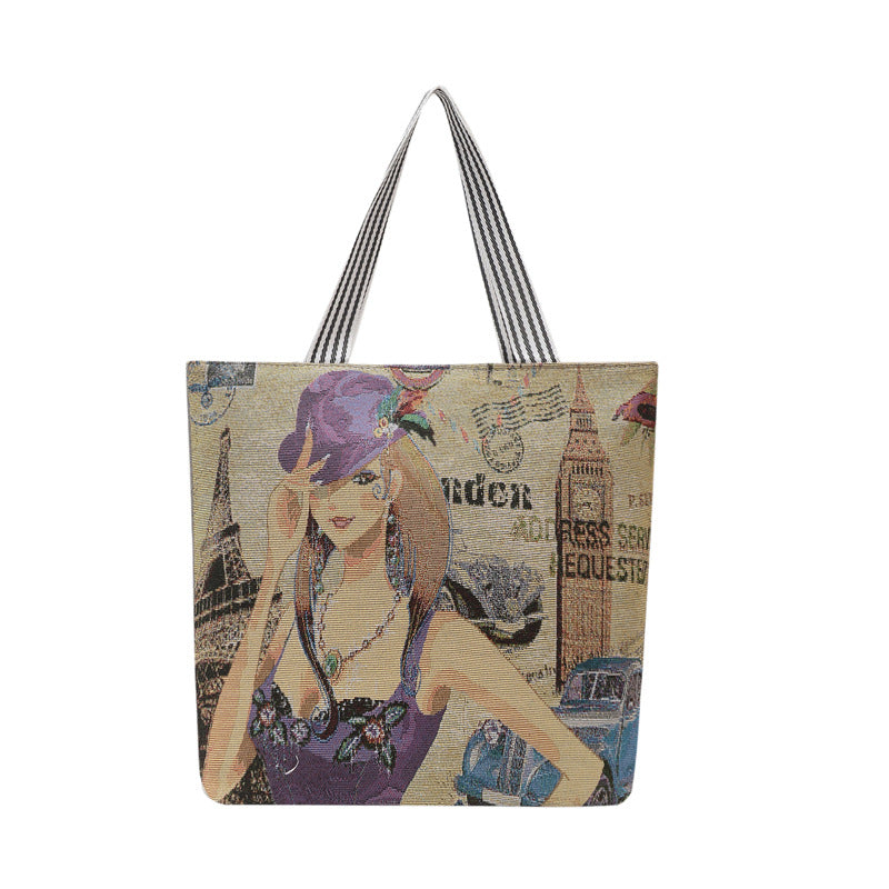 Fashionable Ethnic Style Shopping Cartoon Linen Shoulder Bags