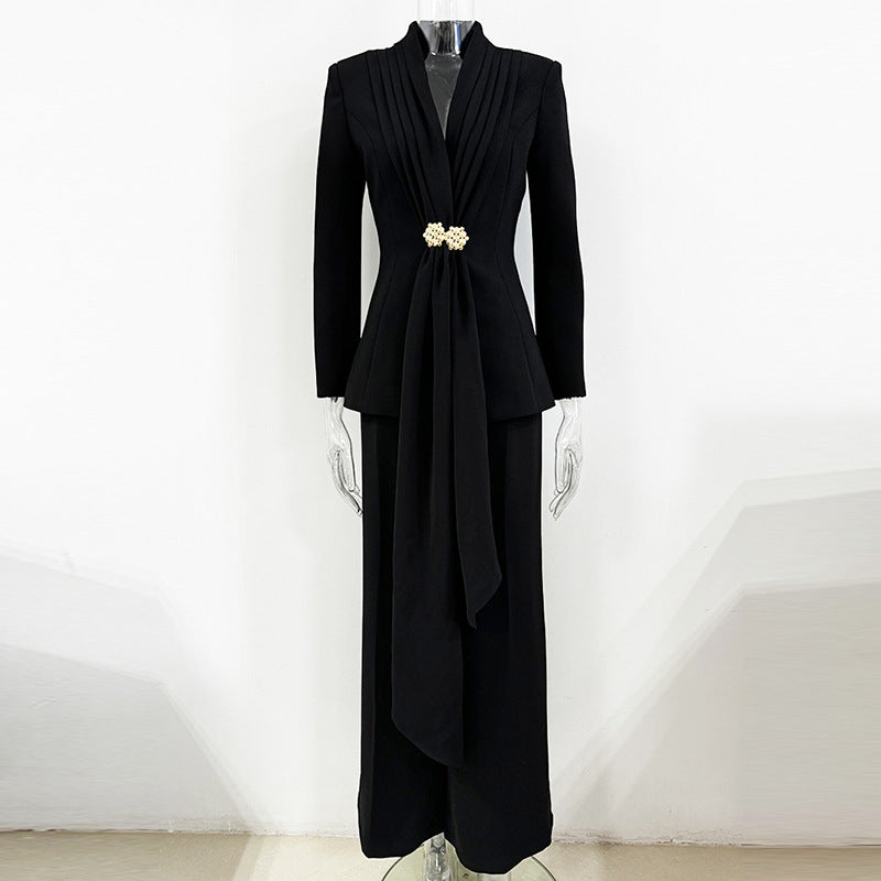 Trendy Fashion Pleated Collar Trousers Two-piece Suits