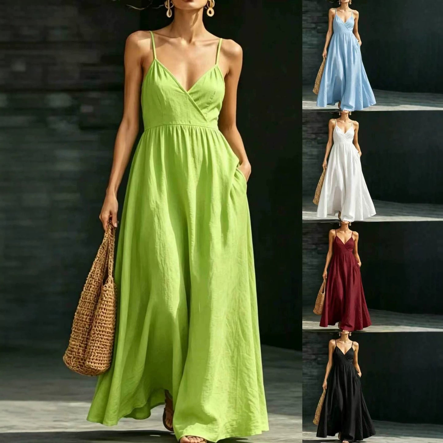 Women's Summer Backless Strap Pocket Elegant Long Dress