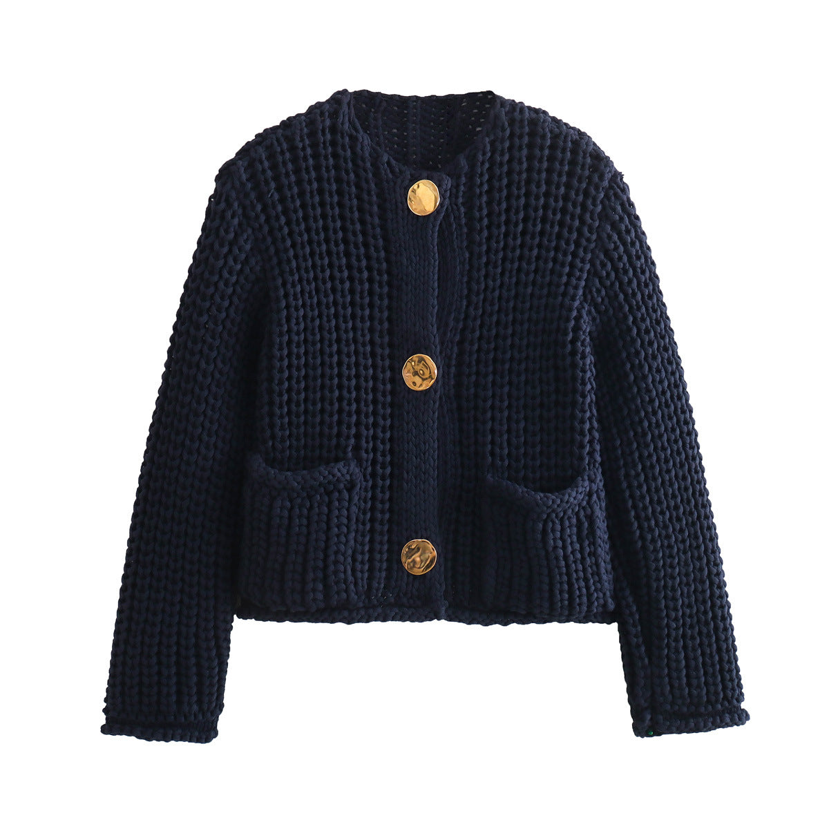 Women's Solid Color Single-breasted Double Pocket Thick Sweaters