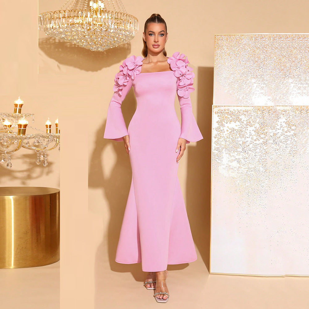 Design Stitching Three-dimensional Flower Dress Elegant Flared Dresses