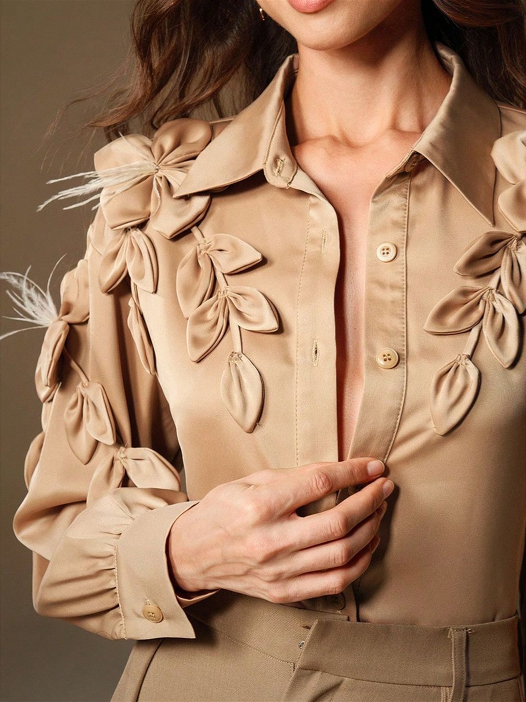 Women's Leisure Three-dimensional Flower Feather Long-sleeved Shirt Blouses