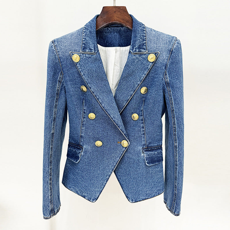 Durable Elegant Slim Double-breasted Washed Denim Small Suit