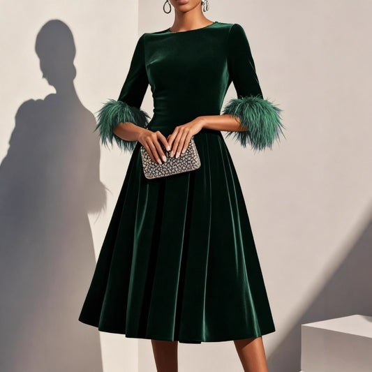 Women's Lady Temperament Elegant Round Neck Veet Dresses