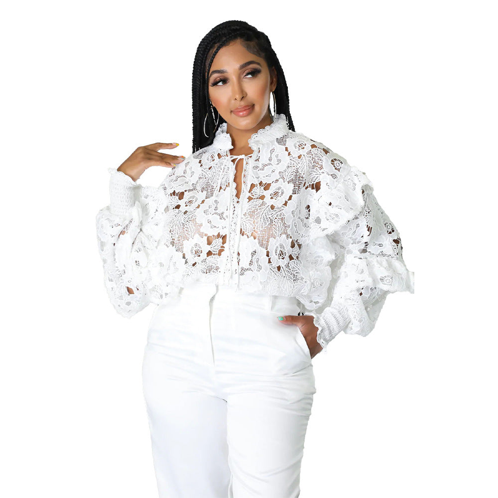 Women's Flounce Trim Lace Up Lantern Sleeve Coats
