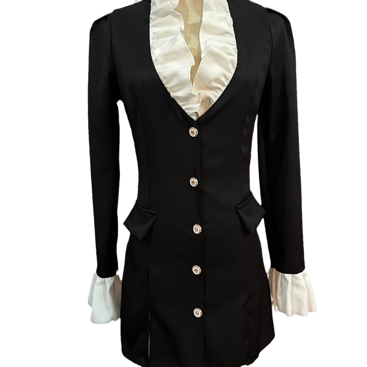 Women's Long Sleeve Stitching Solid Color Buttons A- Line Two-piece Suits