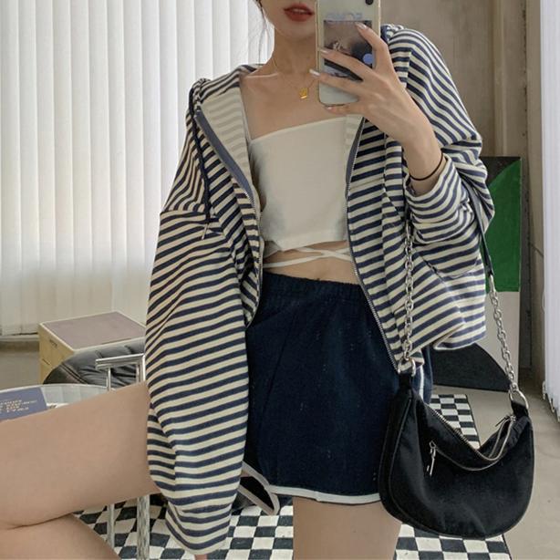 Women's Style Vintage Stripe Hoodie Casual Zipper Tops
