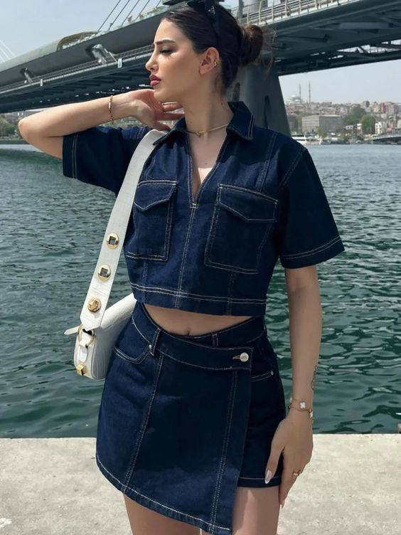 Women's Denim Culottes Summer Short-sleeved Hot High Suits