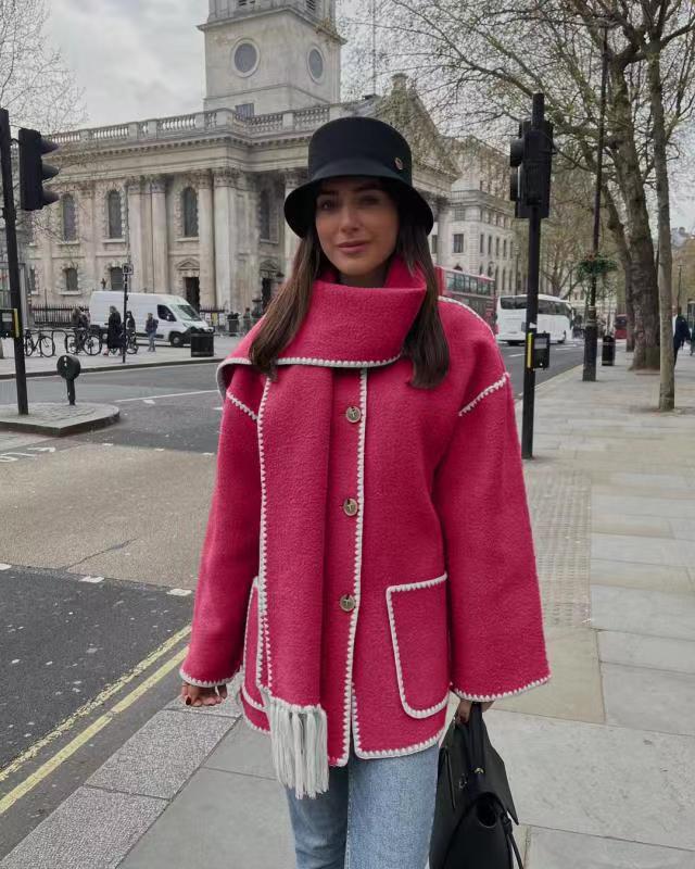 Women's Fashion Woolen Thick Loose With Scarf Coats