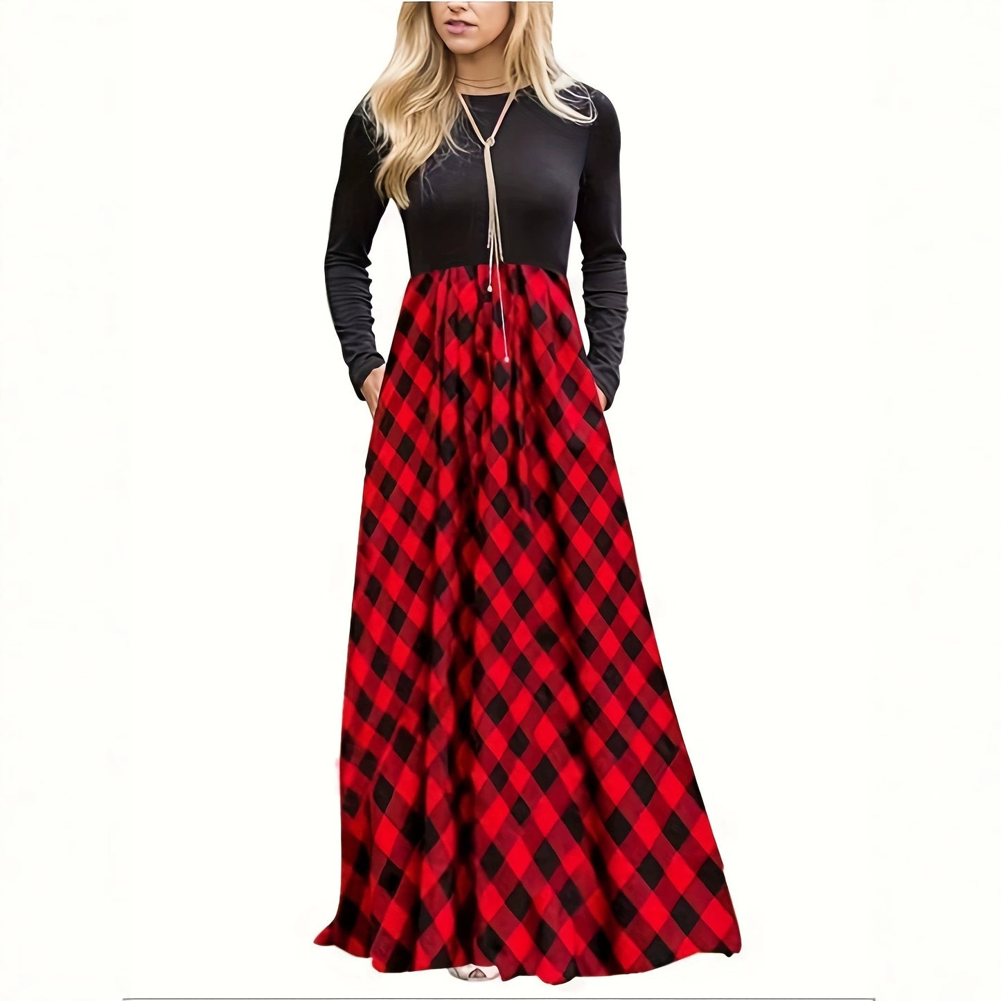 Women's Stitching Contrast Color Check Fashion Casual Dress