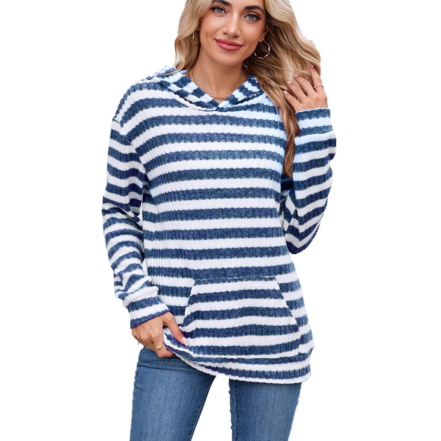 Women's Striped Hooded Pocket Loose Long Sleeve Women's Sweater, Sweater