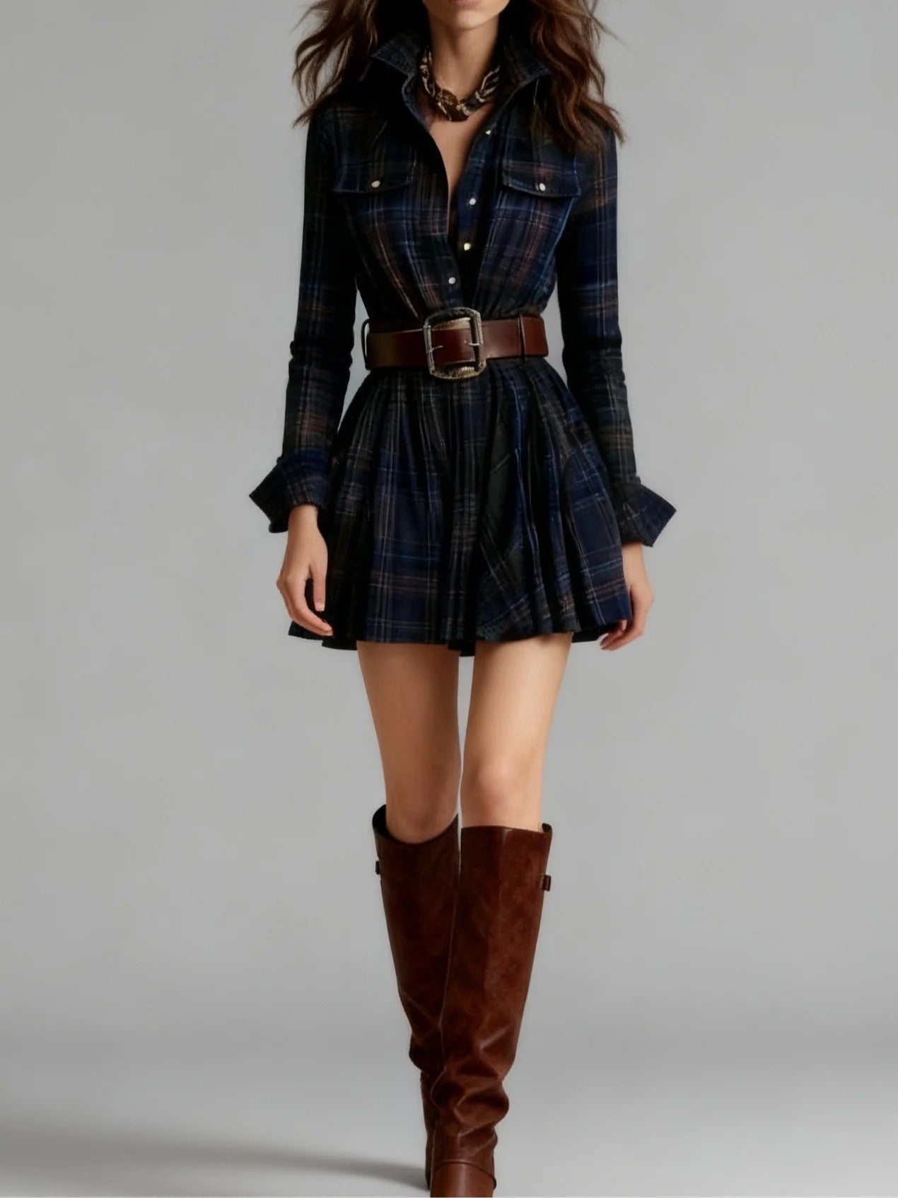 Women's Digital Printed Plaid Shirt Dress Pocket Dresses