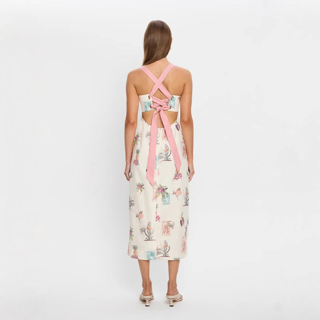 Elegant Linen Strap Backless Lace Up Dress