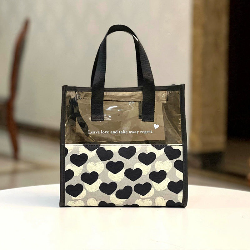 Zipper Translucent Love Peach Heart Flocking Large Capacity Portable Handbags