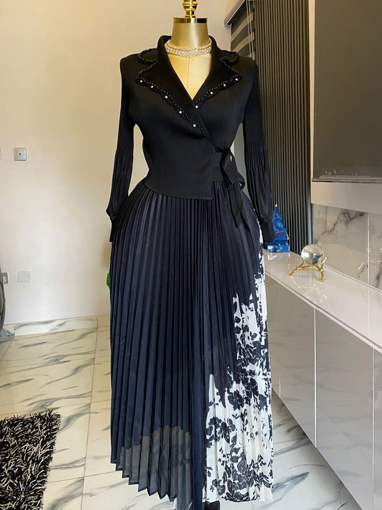 Women's Fake Two Pieces Pleated Print Dress Dresses