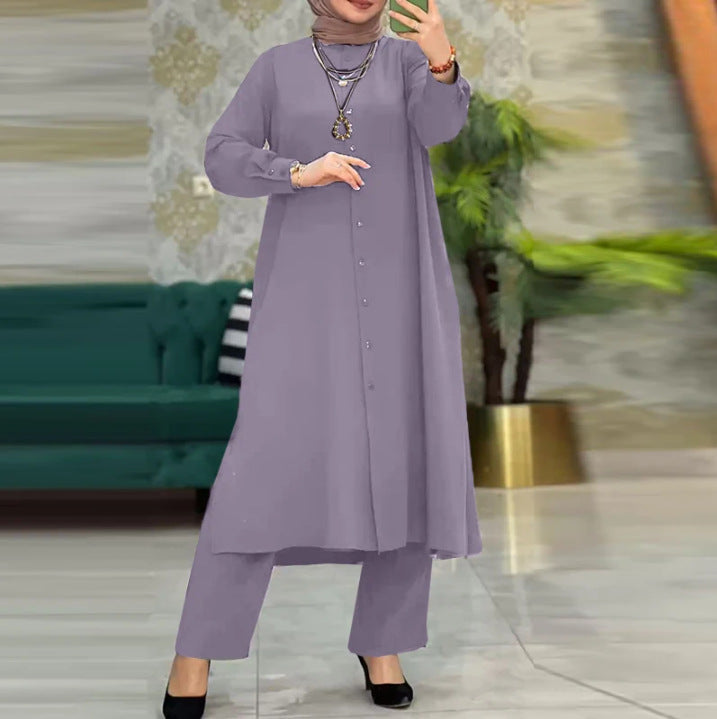 Women's Muslim Two-piece Solid Color Long Sleeve Suits