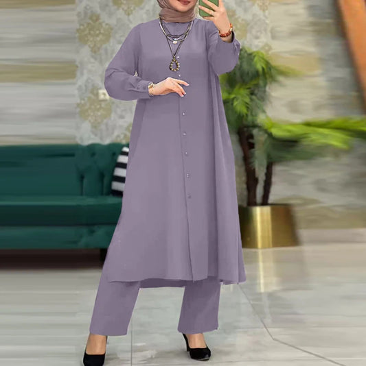Women's Muslim Two-piece Solid Color Long Sleeve Suits