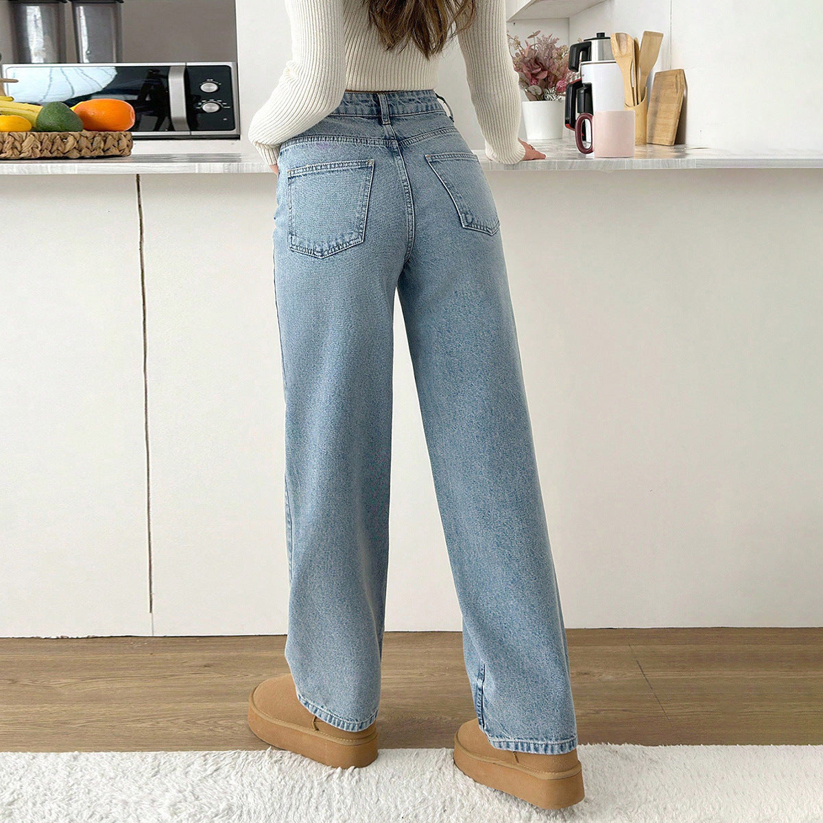 Women's Retro Washed High Waist Stretch Belt Pocket Women's Jeans