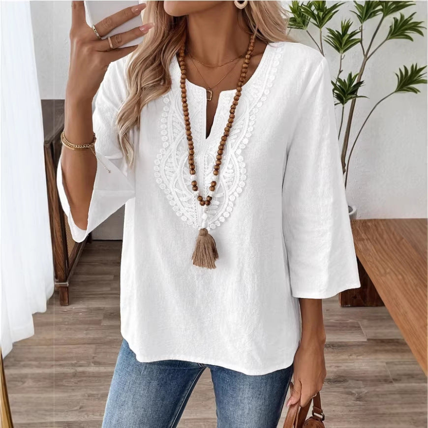 Women's Loose Solid Color Lace Stitching Sleeve Women's T-shirt