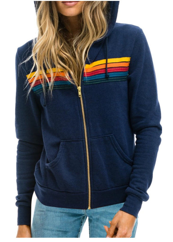 Women's Rainbow Striped Hooded Zipper Sweatshirt Loose Coats