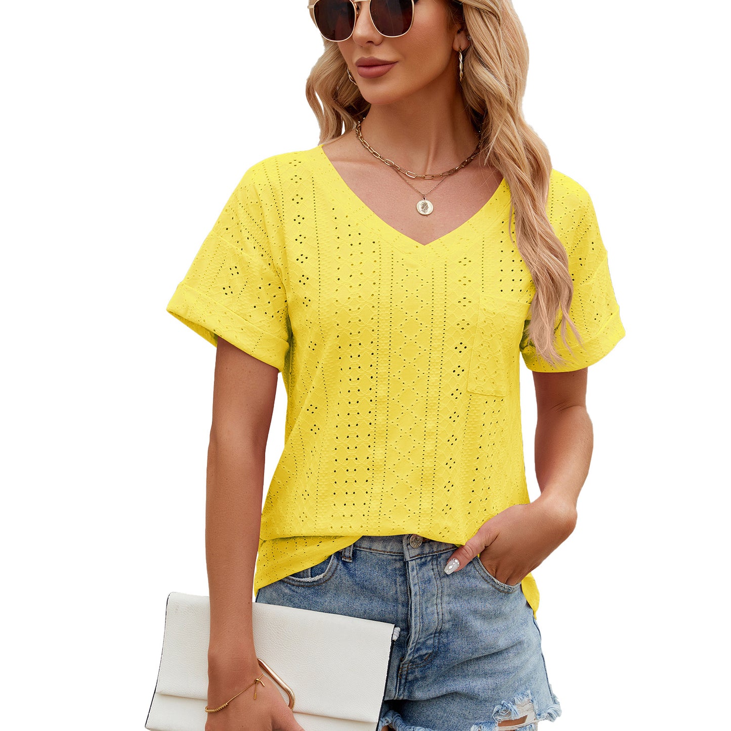 Solid Color Pocket Loose Sleeve Ladies Women's T-shirt