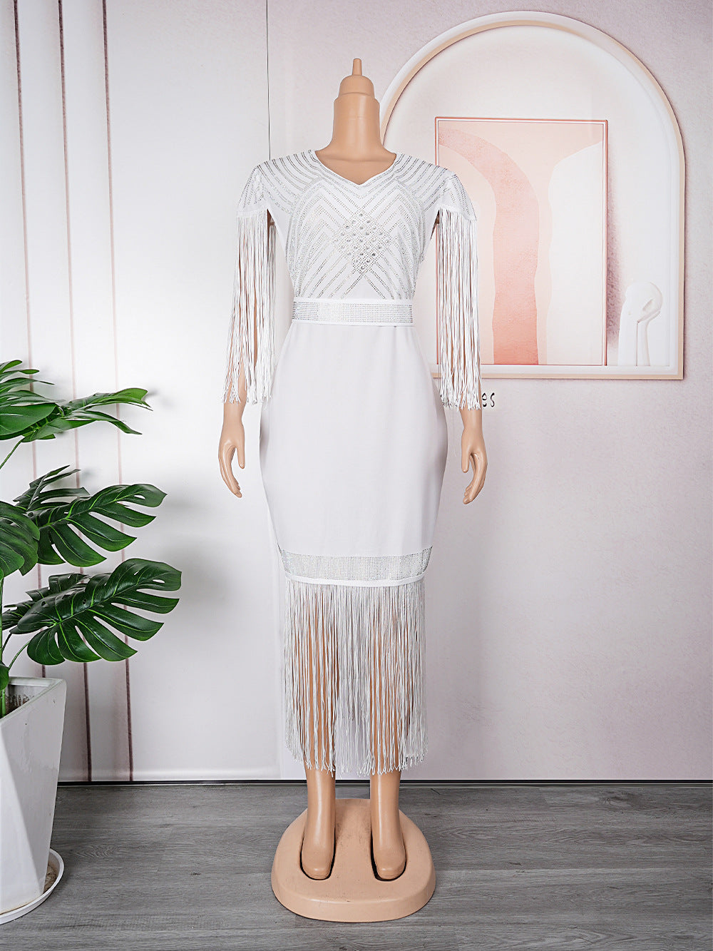 Women's Fat Clothes African Rhinestone Tassel Dress Dresses