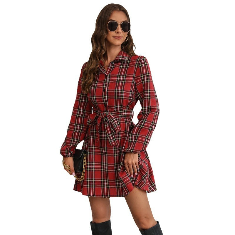 Versatile Women's Lantern Sleeve Plaid Shirt Dress