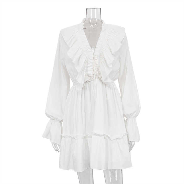 Women's Fashionable Pleating Bell Sleeve Ruffled White Dress Spring Dresses