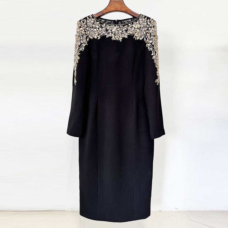 Fashion Stitching Mesh Beads Rhinestones Mid-length Dress