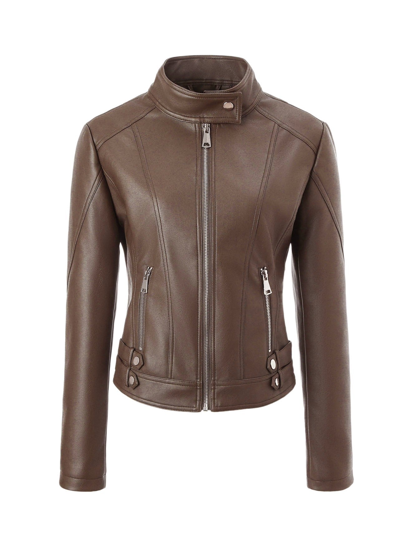 Women's Large Motorcycle Leather Slim Stand Collar Coats