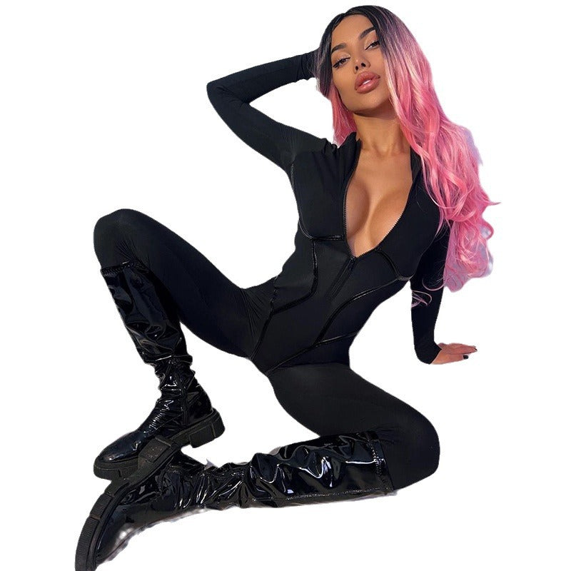 Fashion Sports Leather American Split Line Long Sleeve Women's Jumpsuit/clothing