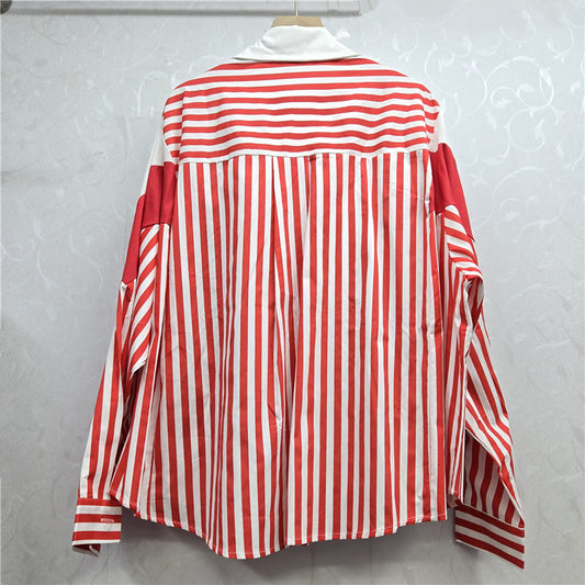 Women's Knitted Shirt Autumn American Stitching Contrast Blouses
