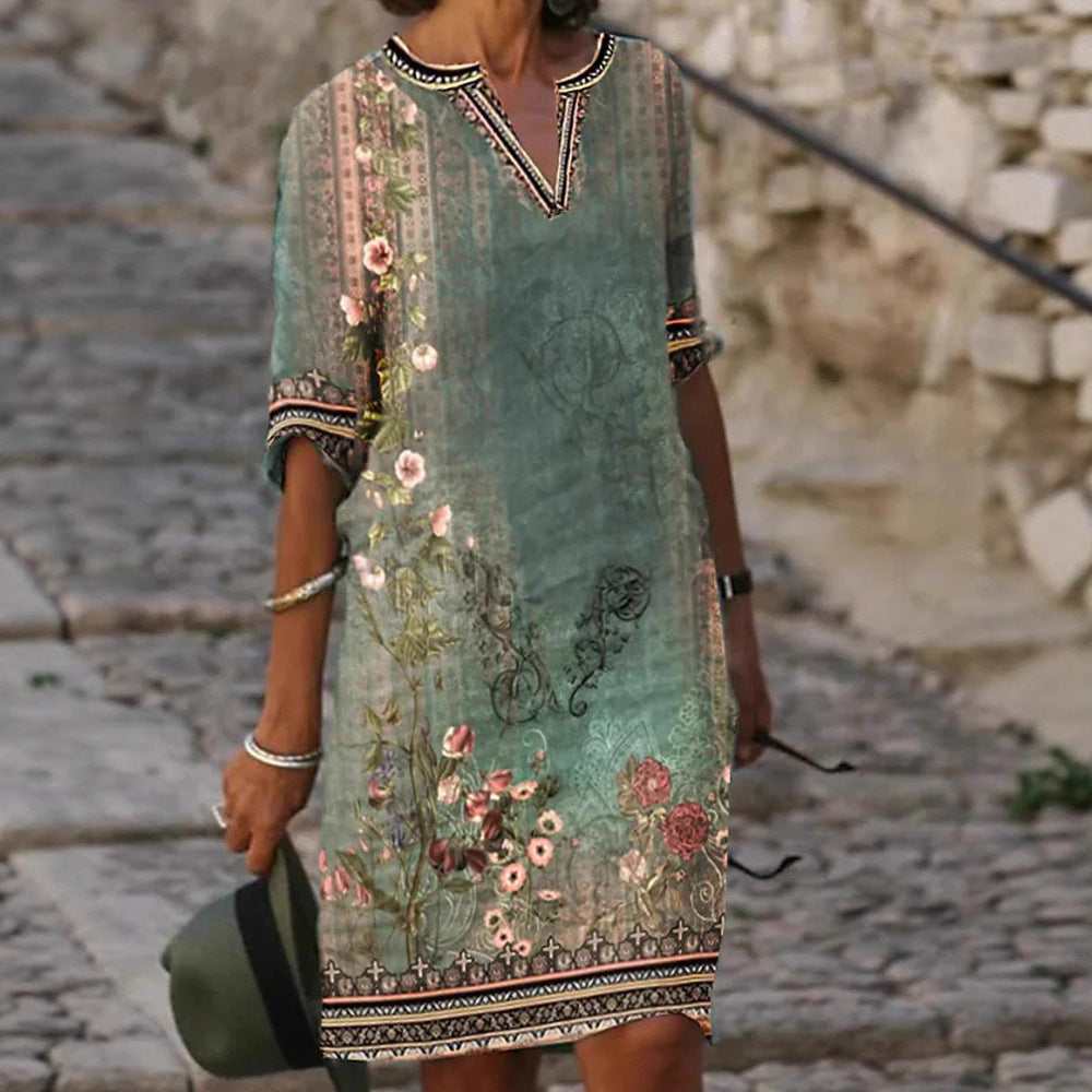 Women's Casual Retro Printed Summer Sleeve Dress