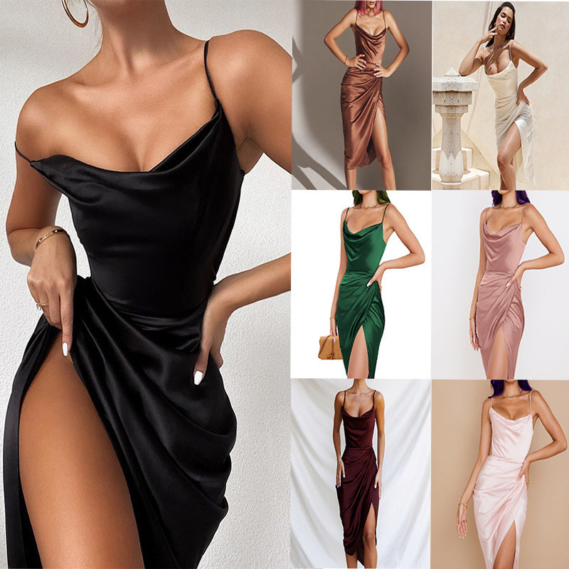 Fashion Sexy Slit Satin Slim Temperament Sleeveless Skirts