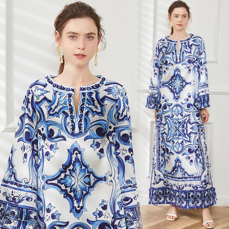 Women's Porcelain Printed Dress Summer Seaside Holiday Dresses